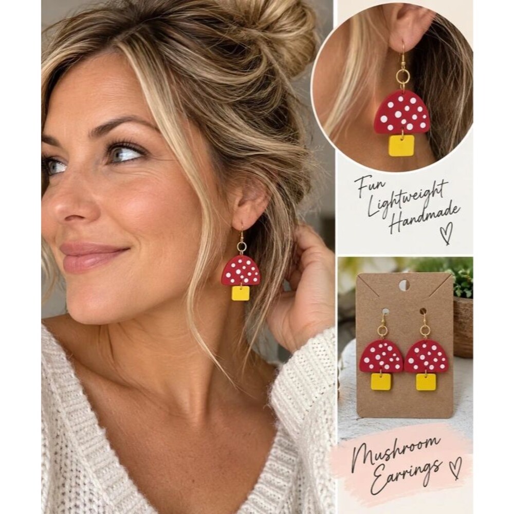 Handmade Red Mushroom Dangle Earrings š Whimsical Cottagecore Jewelry